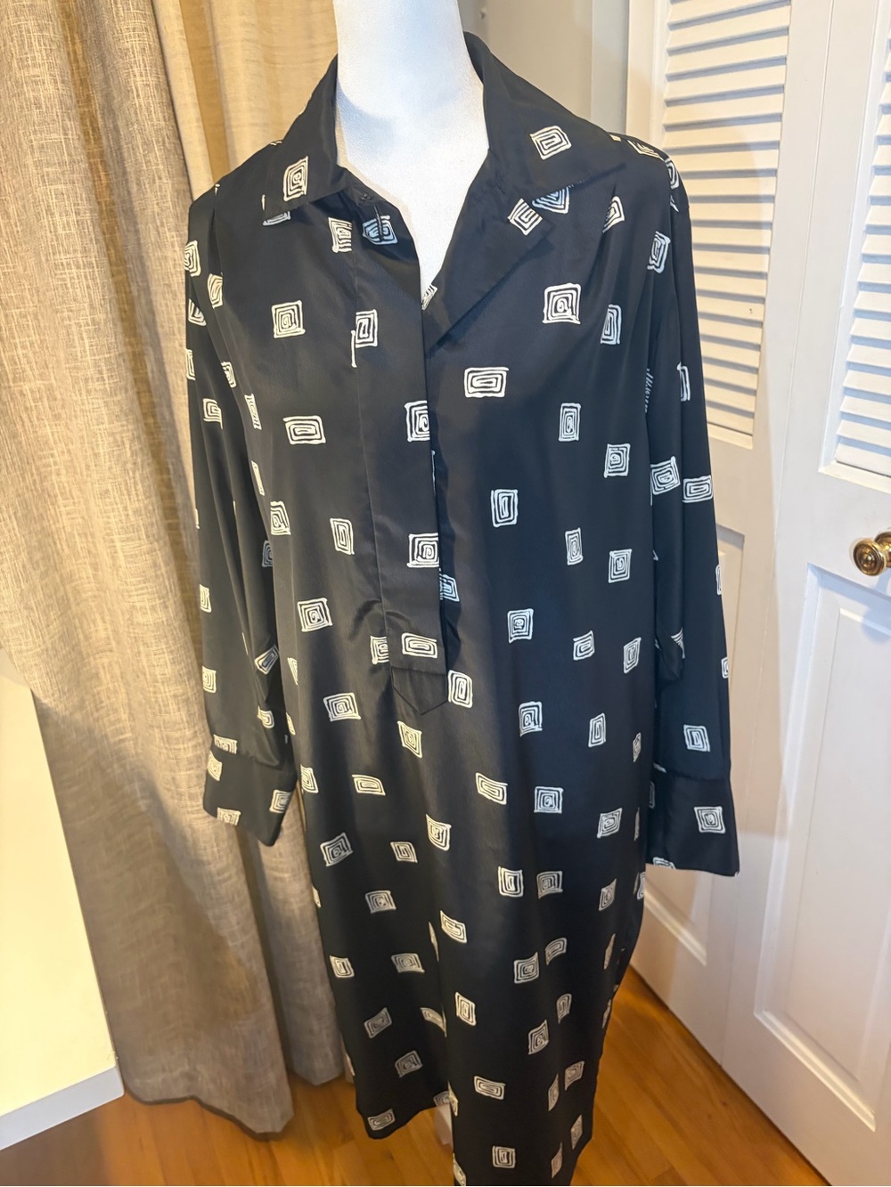 Vintage Black Dress with White Geometric Print